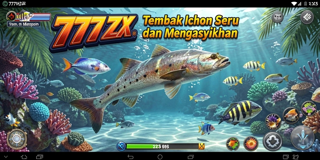 Screenshot gameplay 777ZX yang menggambarkan serunya menembak ikan.