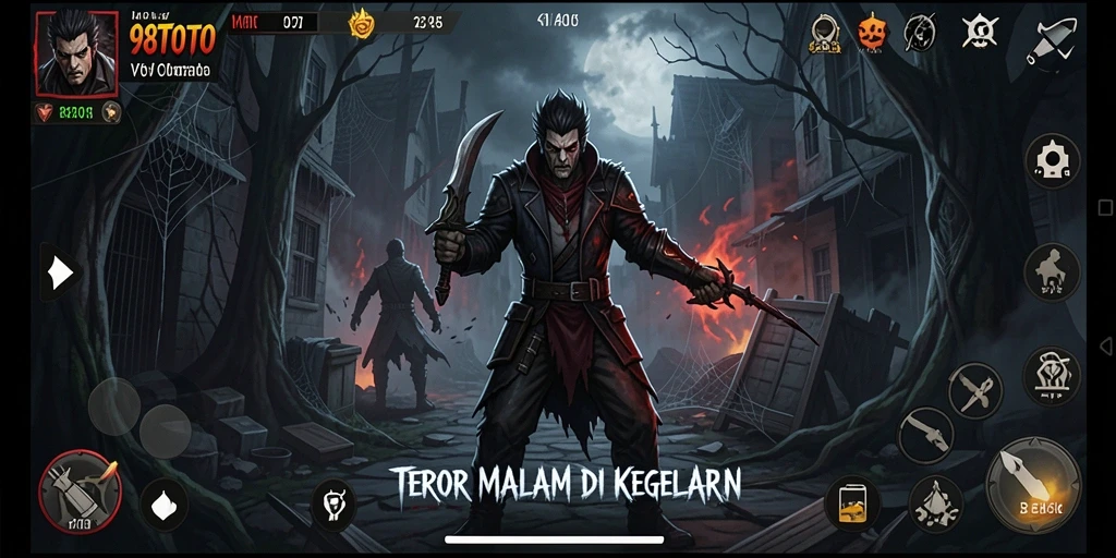 Tangkapan layar gameplay 98TOTO menampilkan suasana mencekam dan makhluk seram.