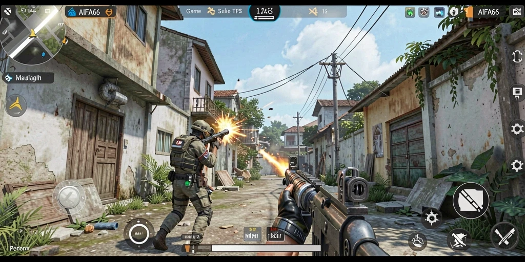 Screenshot gameplay AIFA66 menunjukkan aksi seru dalam pertempuran TPS.