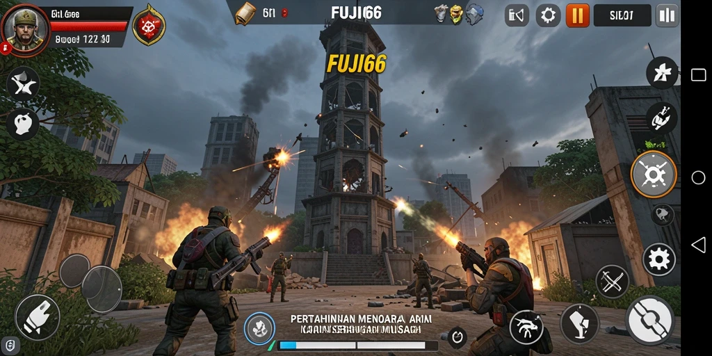 Tampilan seru gameplay <strong>FUJI66</strong> dengan menara yang bertahan dari serangan musuh.