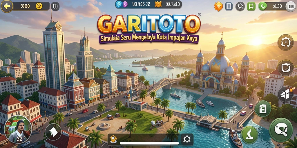 Tampilan gameplay GARITOTO menunjukkan kota yang berkembang dengan fitur dinamis.