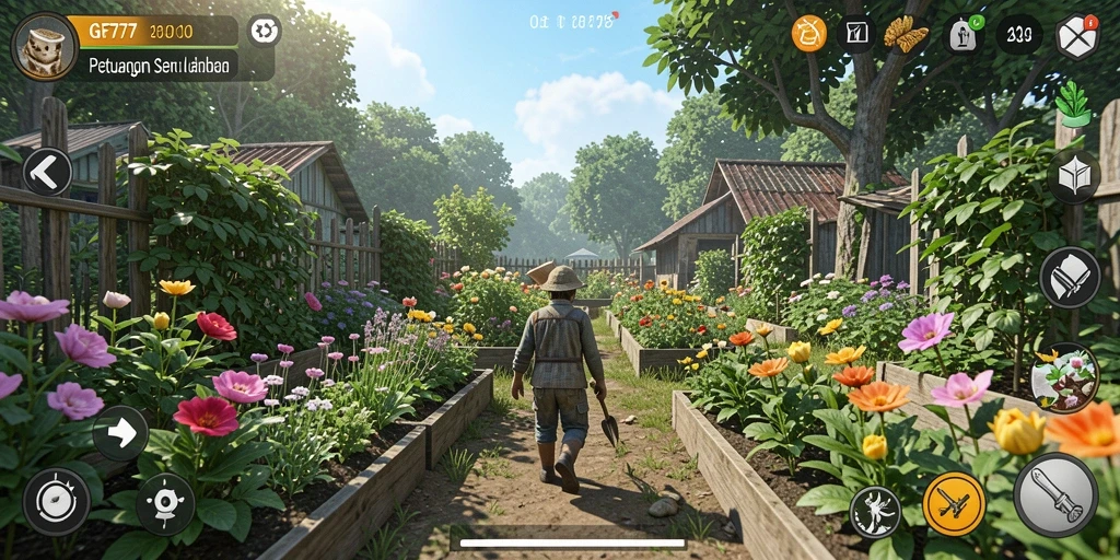 Tangkapan layar gameplay GF777 menampilkan kebun yang indah dan berwarna-warni.