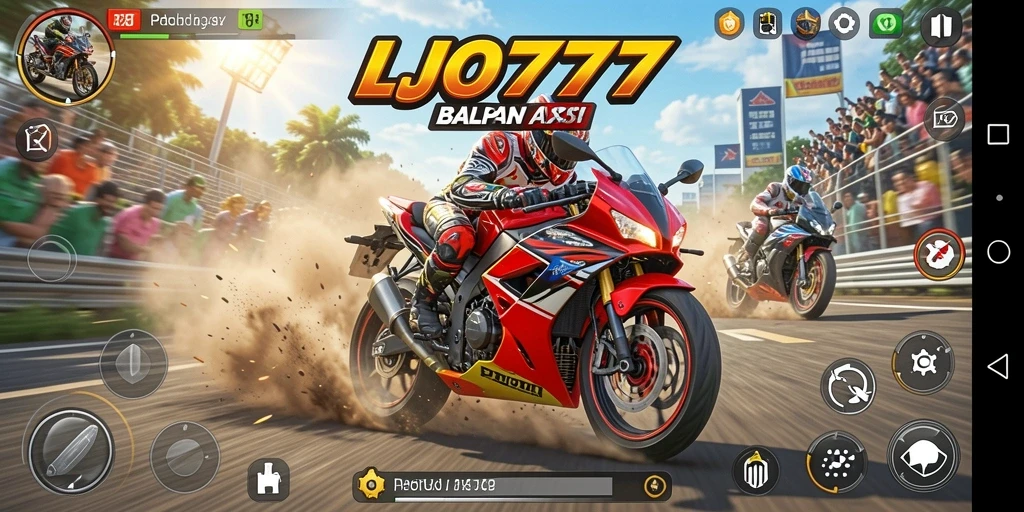 Tampilan gameplay LJO777 dengan balapan motor yang seru dan mendebarkan.