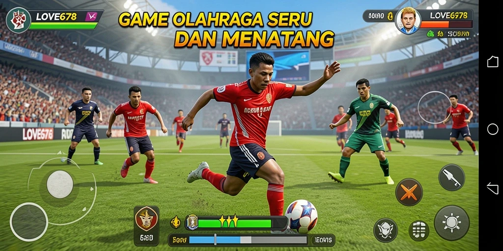 Screenshot utama LOVE678 menampilkan gameplay seru olahraga sepak bola.