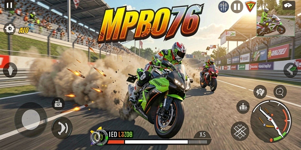 Screenshot MPO76 menampilkan aksi balapan motor yang mendebarkan.