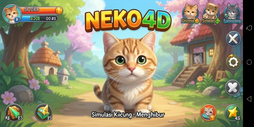 Tangkapan layar NEKO4D menampilkan kucing lucu dalam gameplay Simulation yang interaktif.