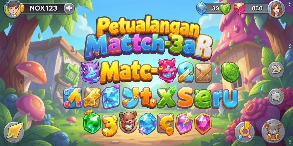 Tampilan seru gameplay NOX123 dengan elemen Match-3 yang memukau.