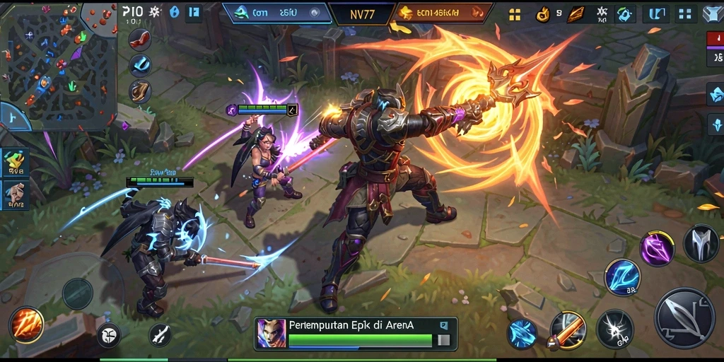 Tampilan seru dari pertempuran di arena MOBA NV77.
