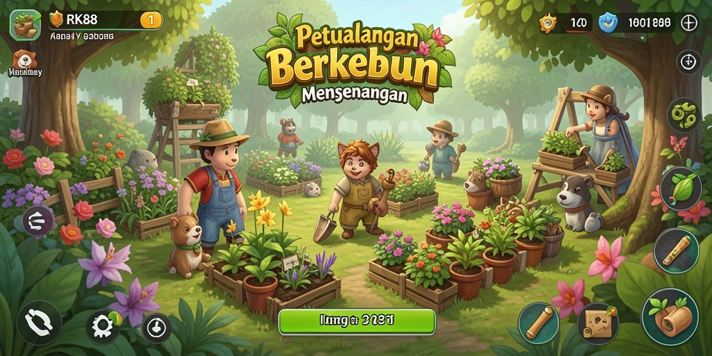 Screenshot gameplay RK88 menampilkan ladang yang rimbun dan hewan ternak.
