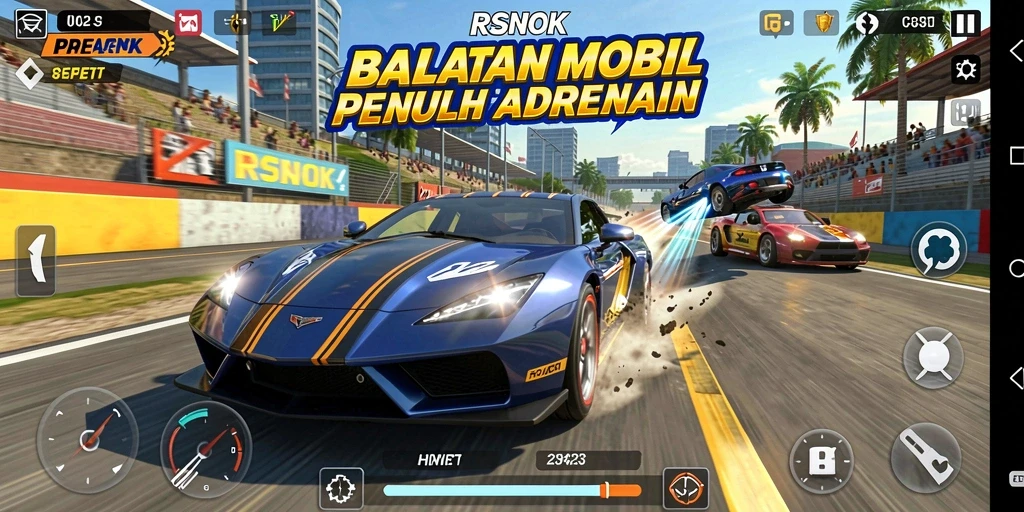 Screenshot gameplay RSNOK menunjukkan aksi balap mobil yang mendebarkan.