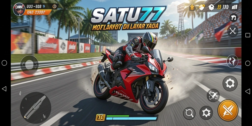 Screenshot gameplay <strong>SATU77</strong> menunjukkan momen seru balapan motor.