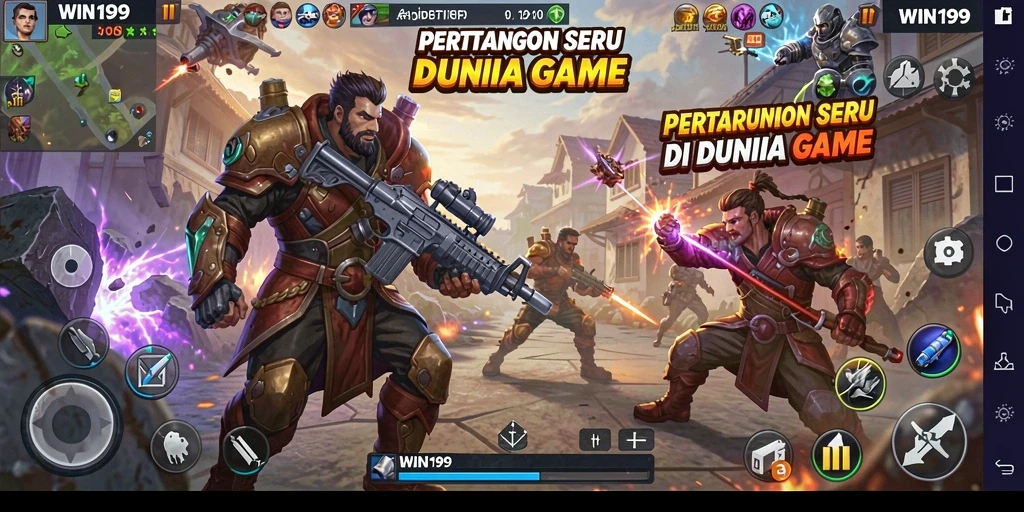 Screenshot WIN199 menampilkan aksi pertarungan seru antara karakter-karakter dalam arena.